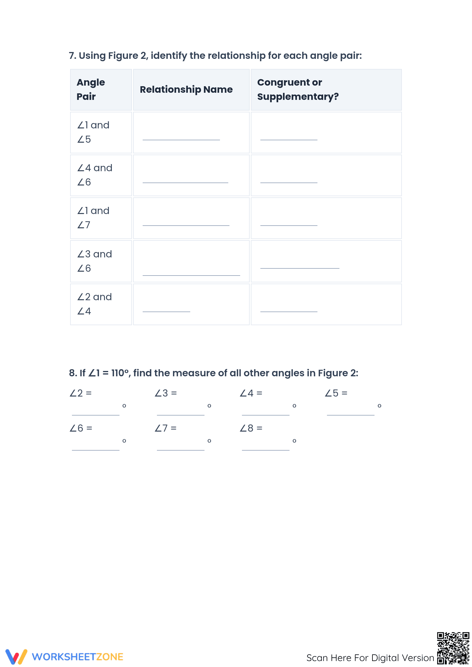 Printable Angles & Angle Relationships Worksheet (8-10) - Page 4