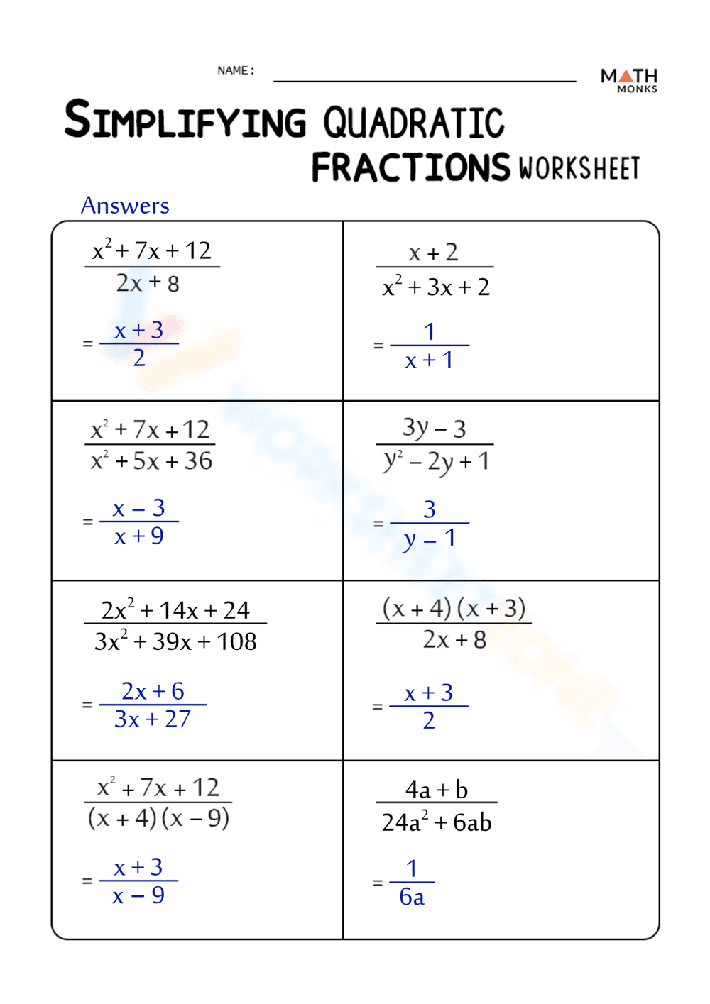 Simplifying Quadratic Fractions Worksheet - Page 2