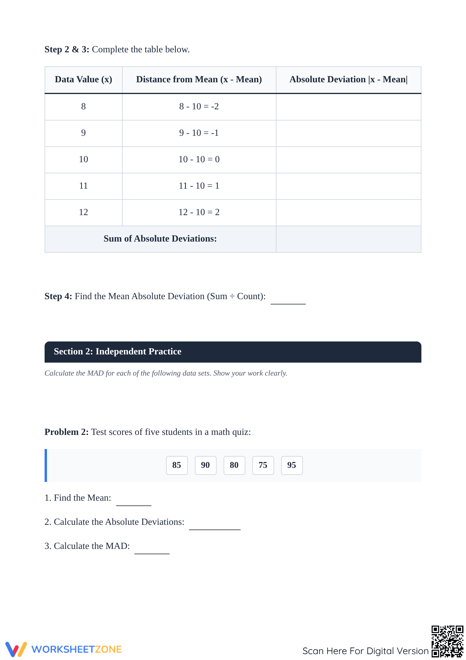 Mean Absolute Deviation Worksheet | Grade 6-8 Essential - Page 2