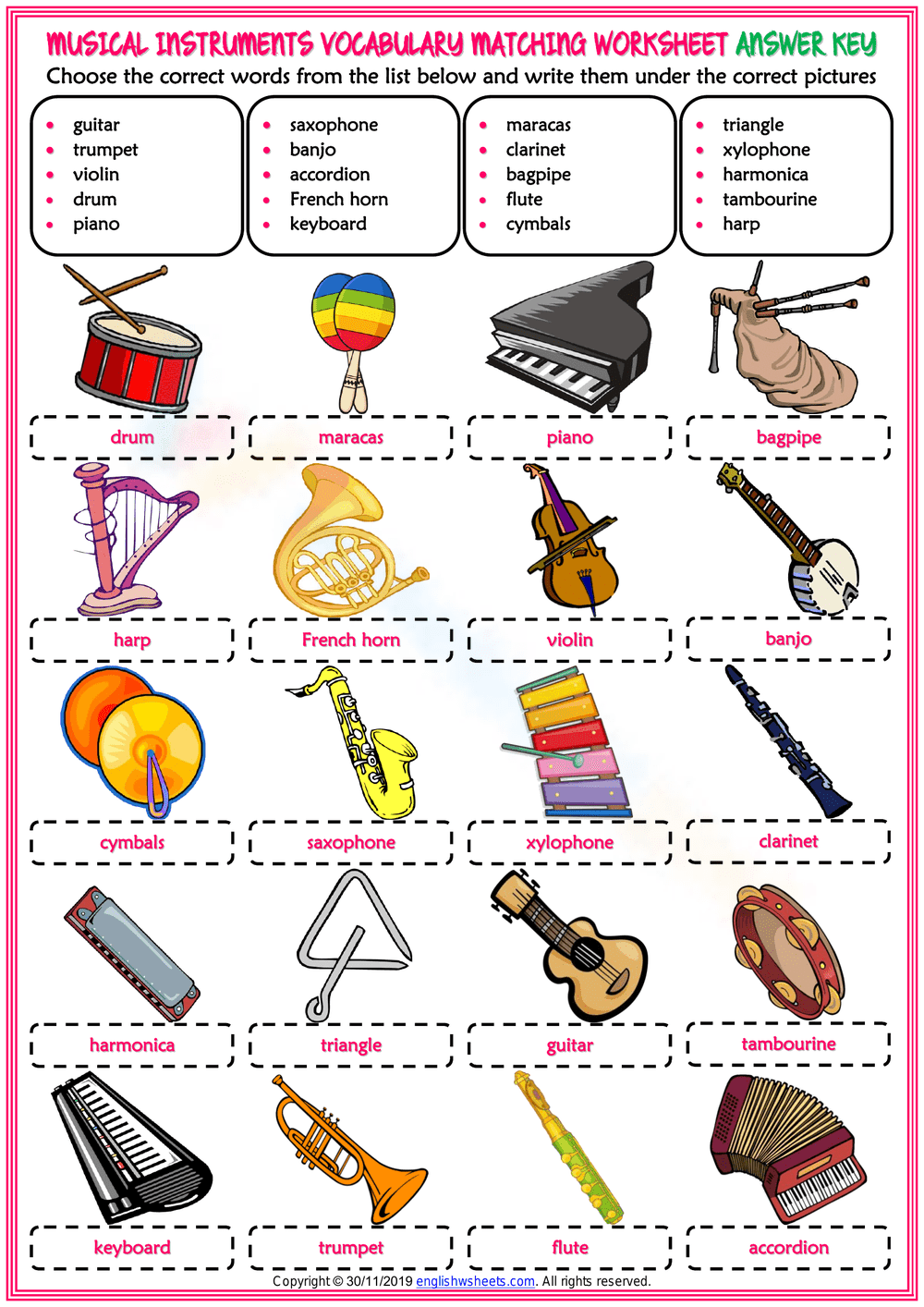 Musical Instruments Worksheet for Education - Page 2