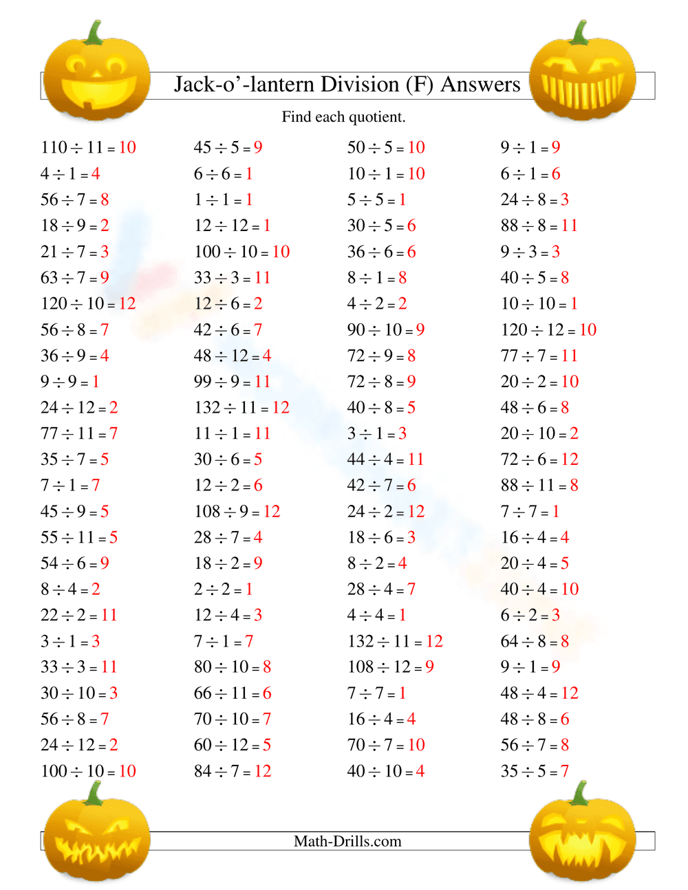 Jack-o-Lantern Division Worksheet for Math Practice - Page 2