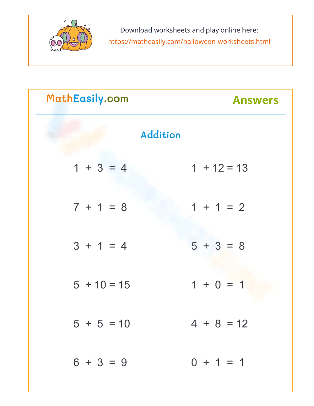 Halloween Addition to 20 Worksheet - Page 2