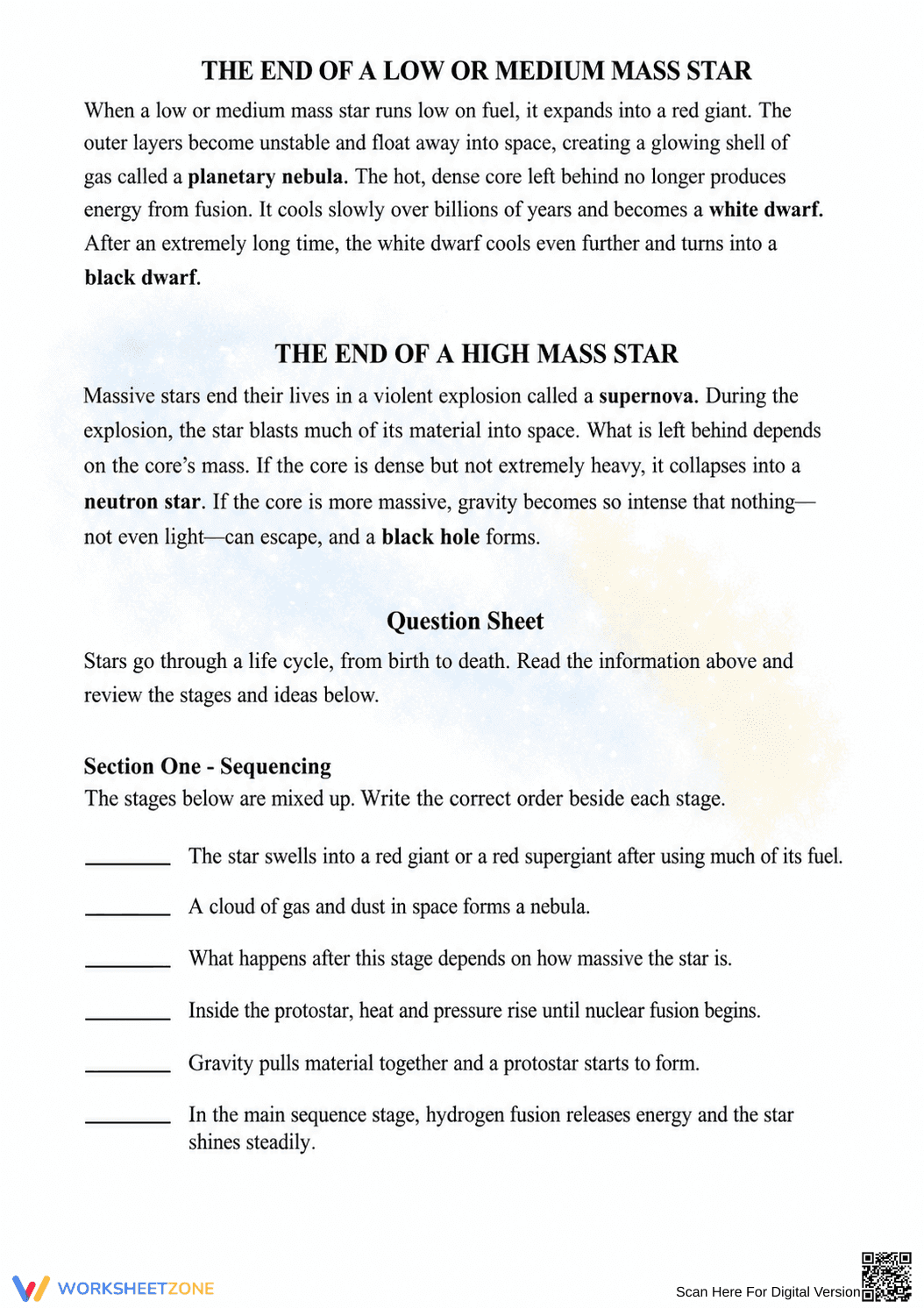 Life Cycle of a Star Review Worksheet | Essential Grade 8-11 - Page 2