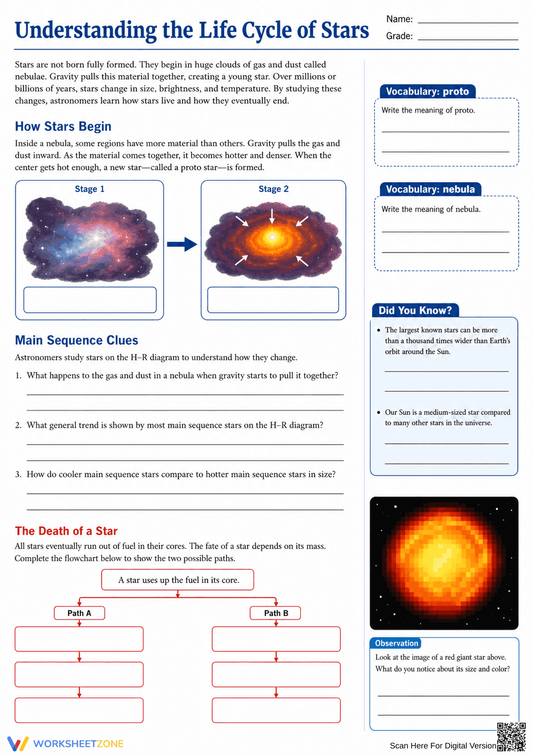 Life Cycle of Stars Essential Worksheet | Grade 9-12 - Page 3