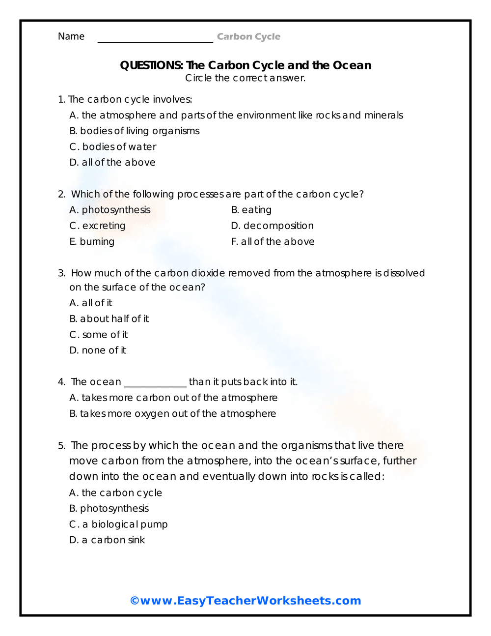 The Carbon Cycle and the Ocean Worksheet - Page 2