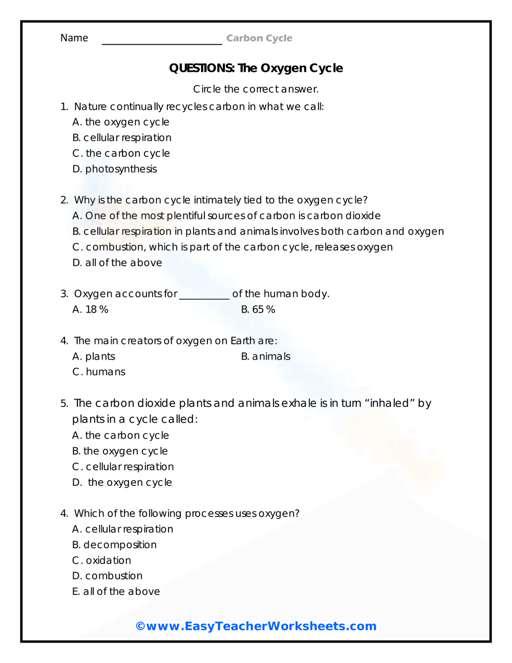 Exploring the Oxygen Cycle: An Educational Worksheet - Page 2