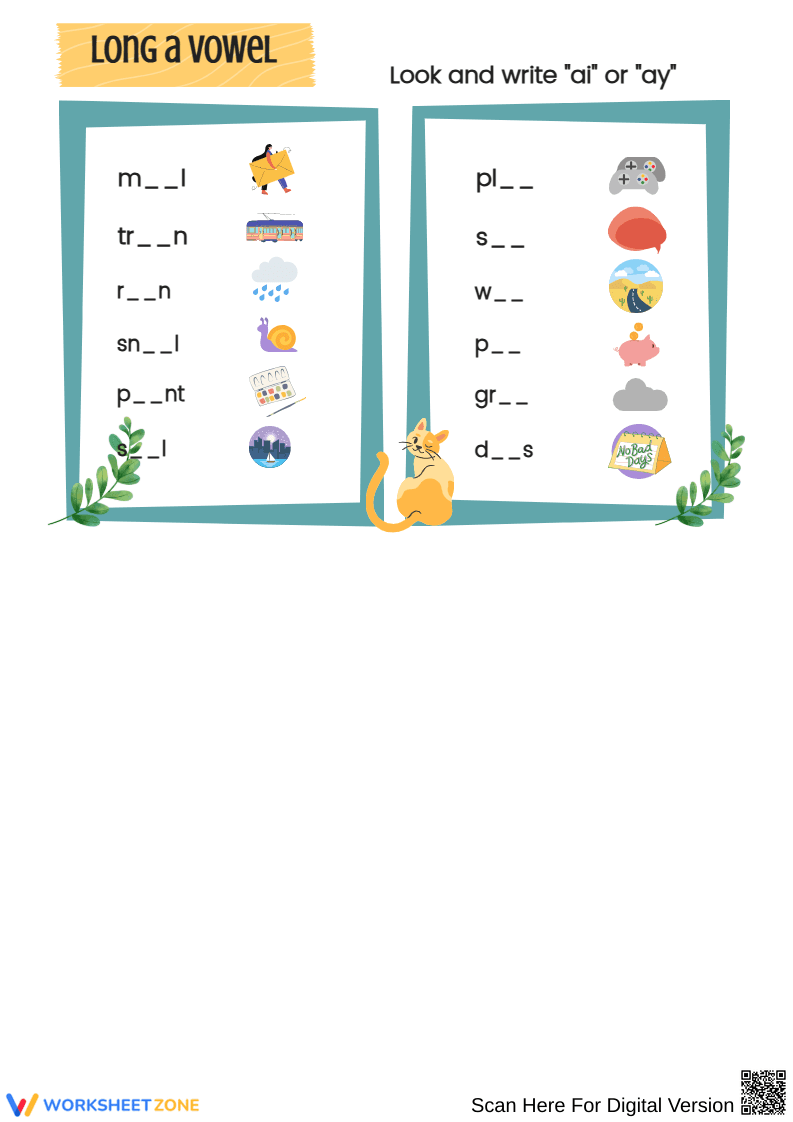 Long A Vowel Teams and Fruit Size Comparison Worksheets - Page 2