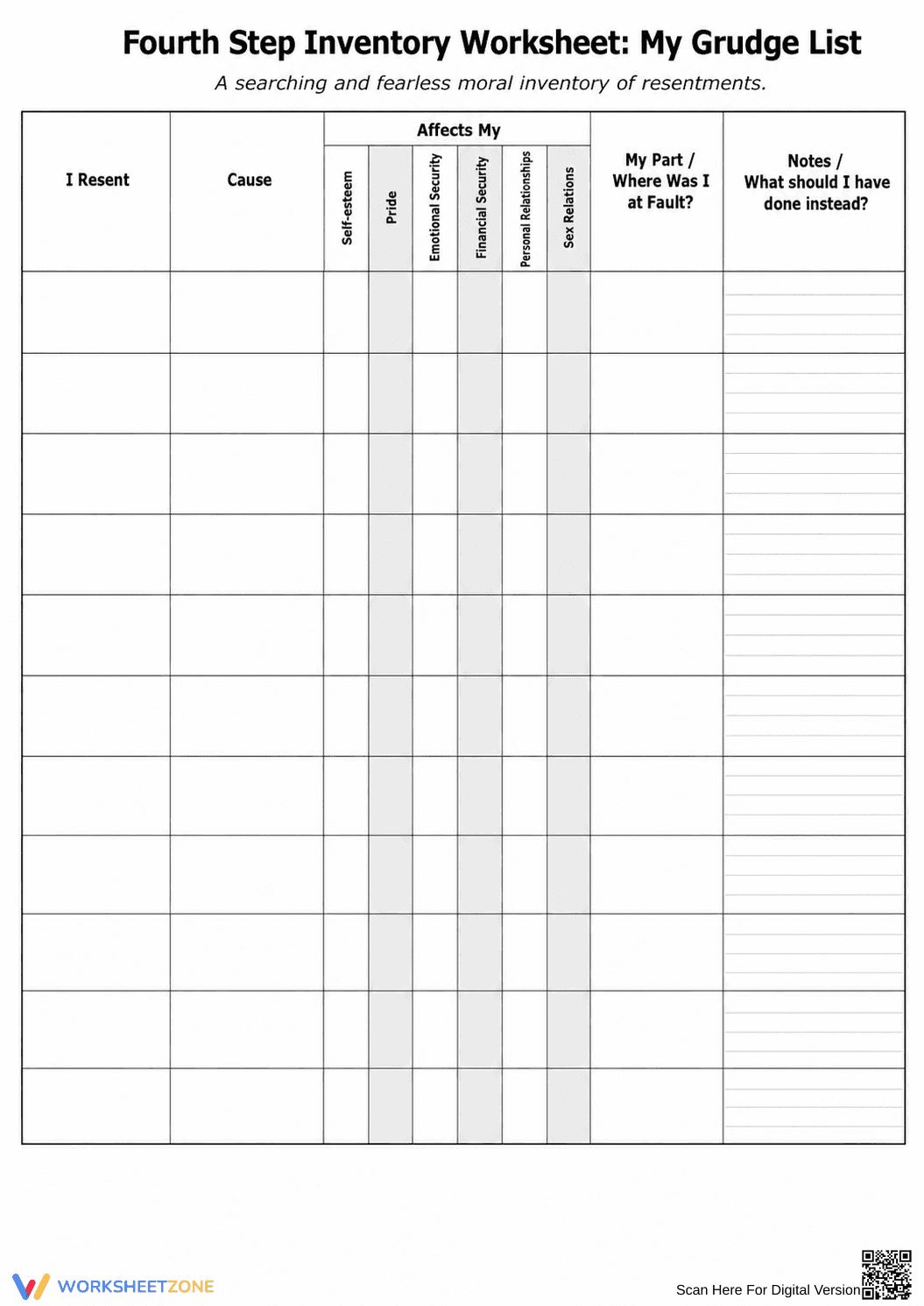 Printable 4th Step Grudge List | Grade 11-12 Social Skills - Page 5