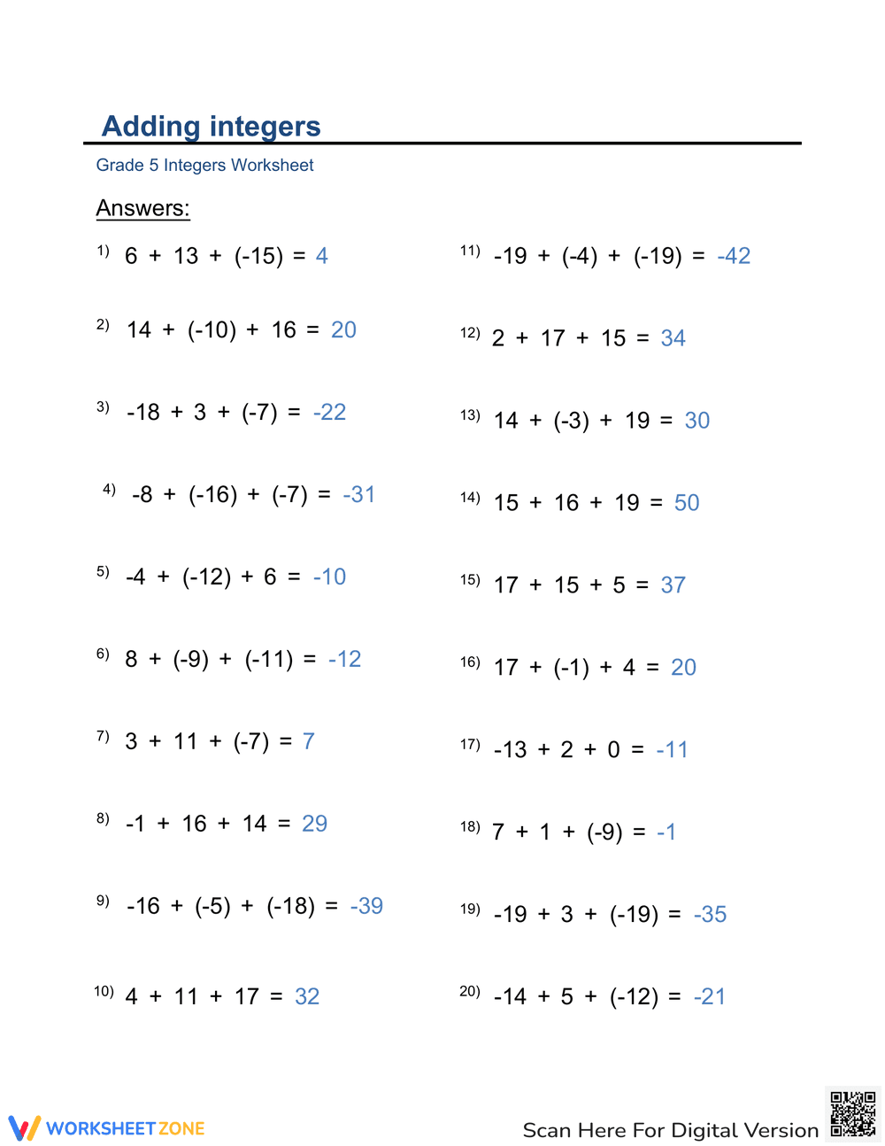 More Adding Integers Practice - Page 2