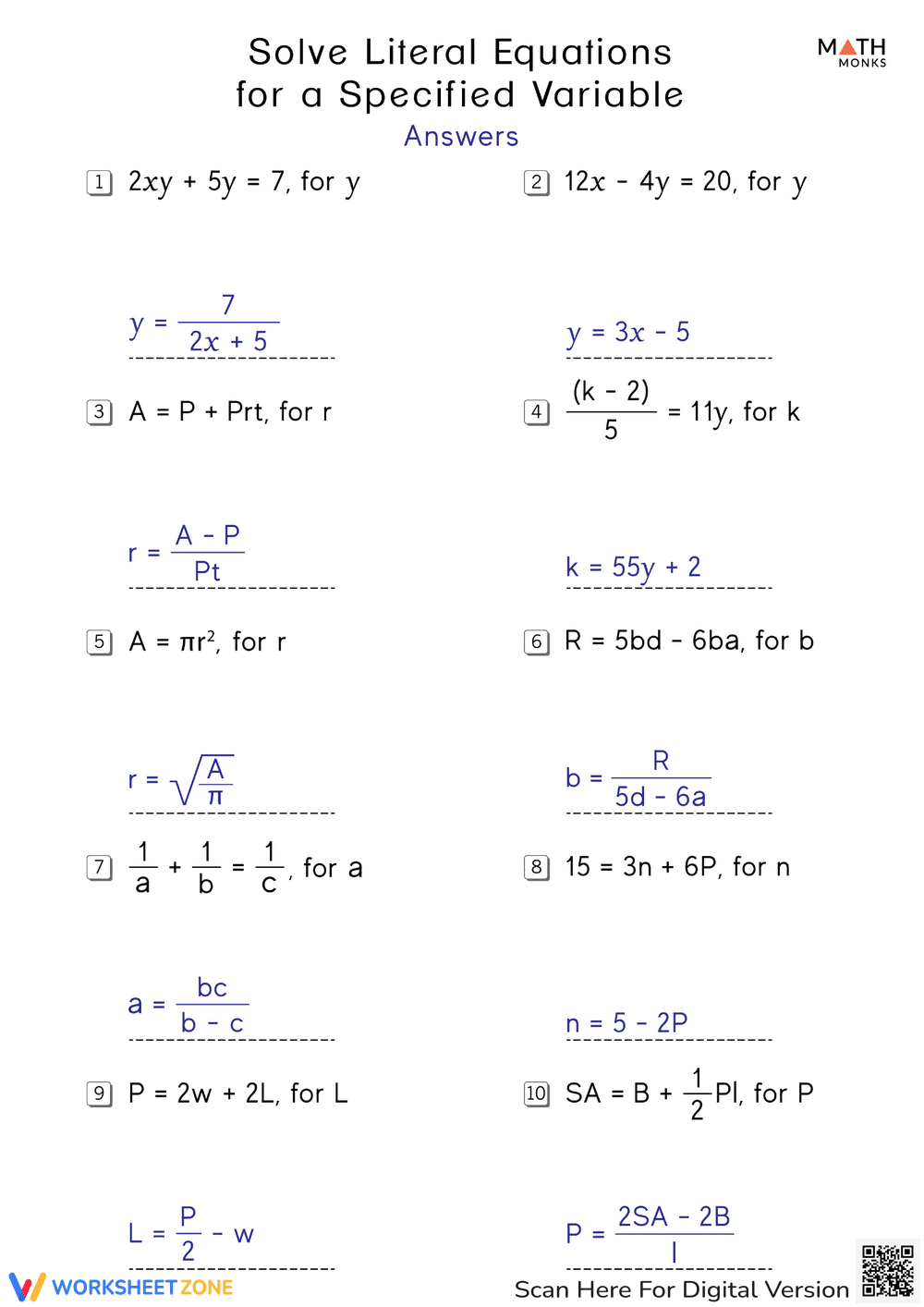 Solve Literal Equations for a Specified Variable - Page 2