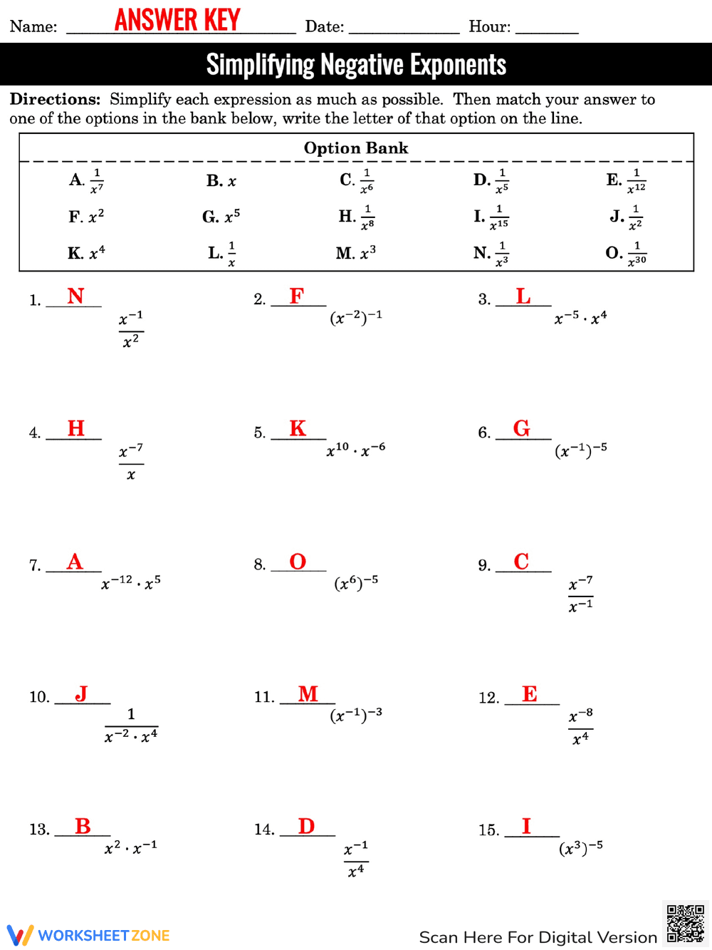 Simplifying Negative Exponents Practice Worksheet - Page 3