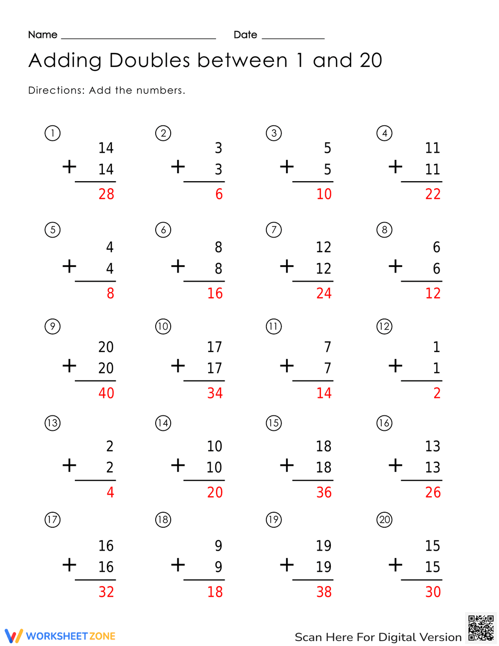 Adding Doubles Between 1 and 20 Worksheet - Page 2