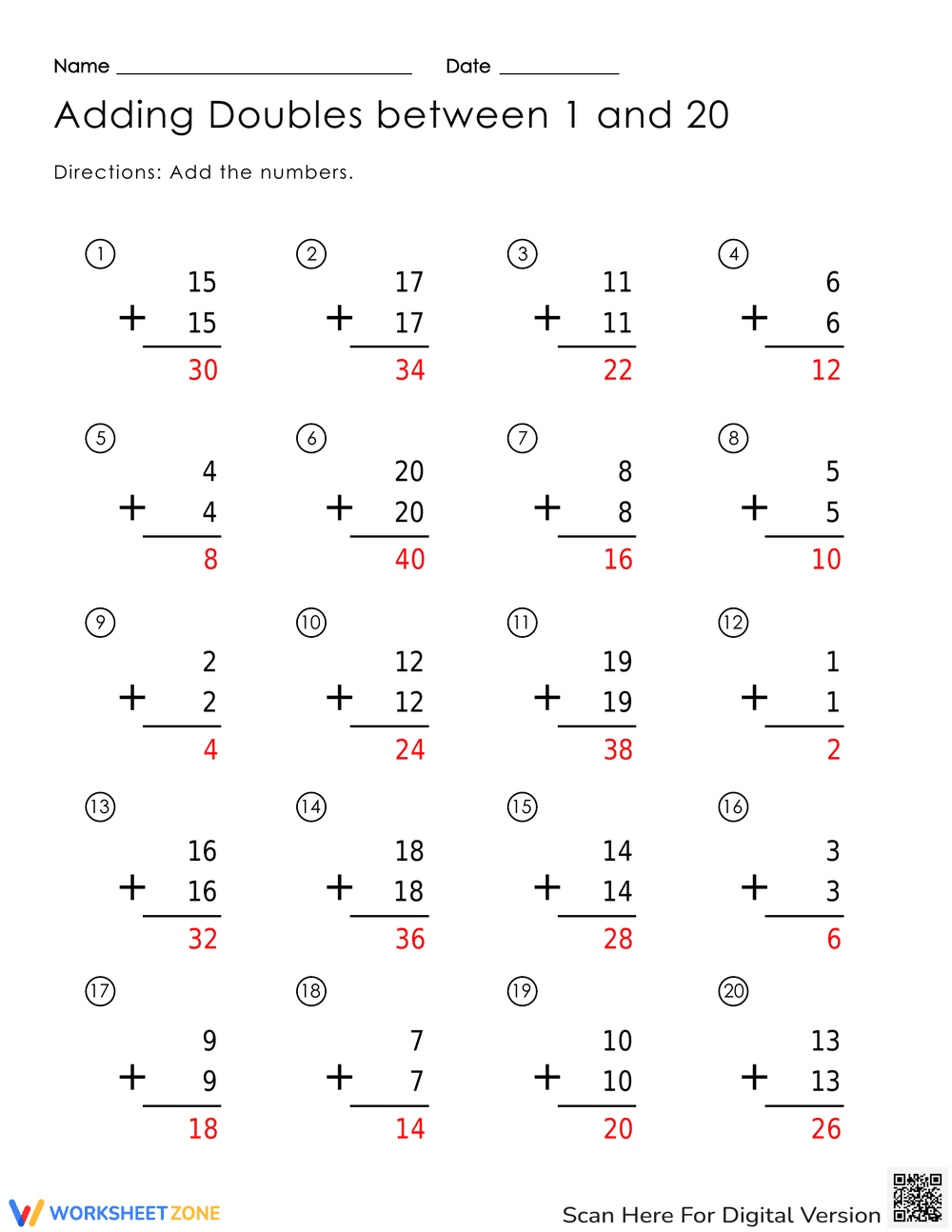 Adding Doubles Practice 1-20 - Page 2