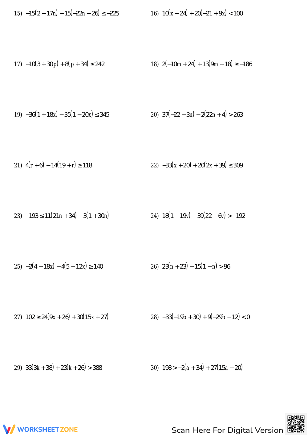 Multi-Step Inequalities with Integers Worksheet - Page 2