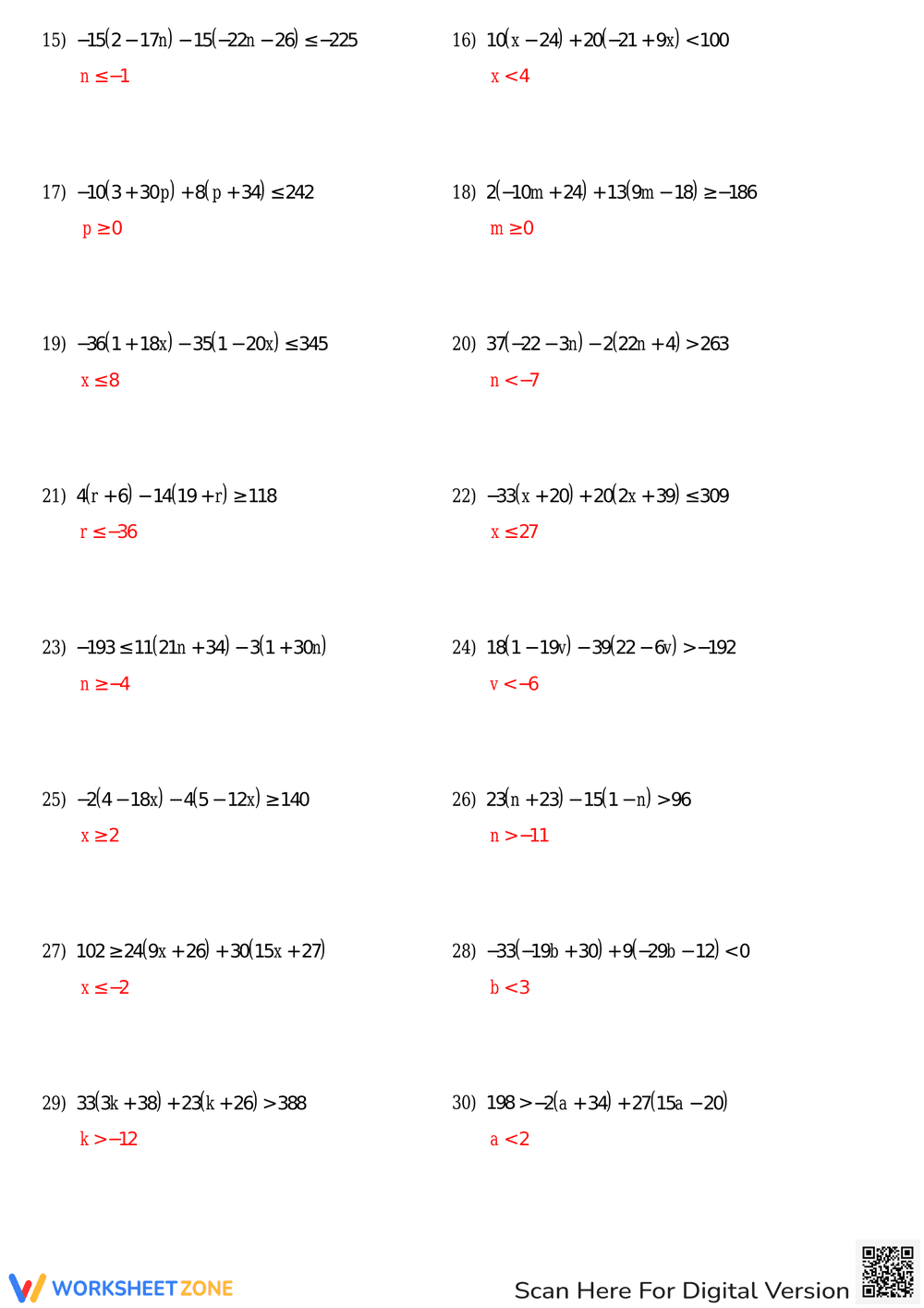Multi-Step Inequalities with Integers Worksheet - Page 4