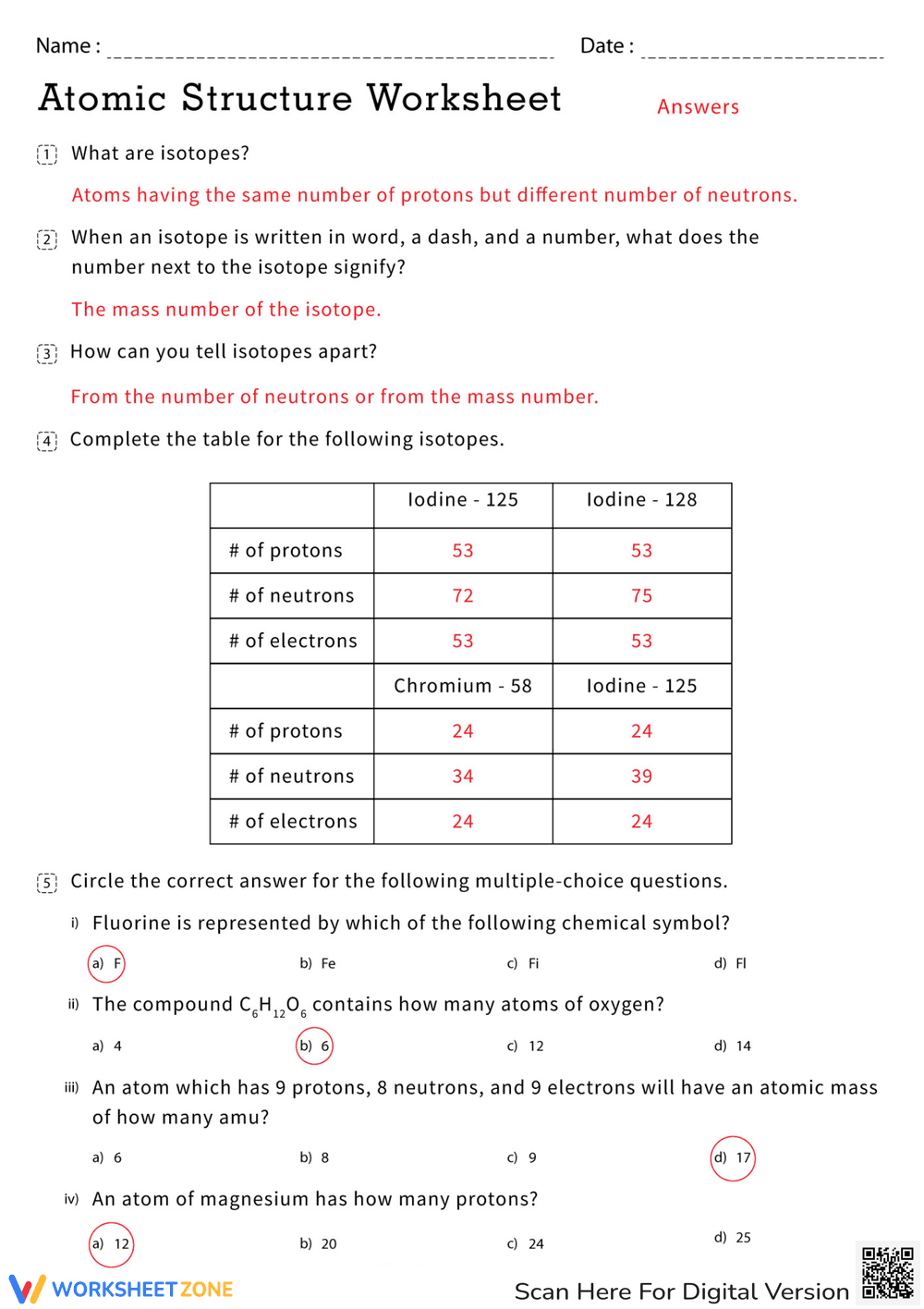 Atomic Structure Worksheet with Key - Page 2