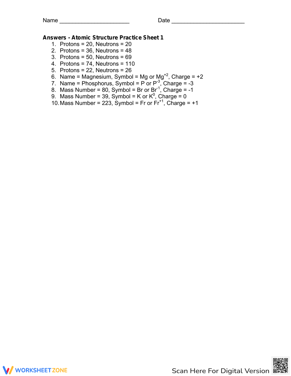 Atomic Structure Practice Sheet 1 - Page 2