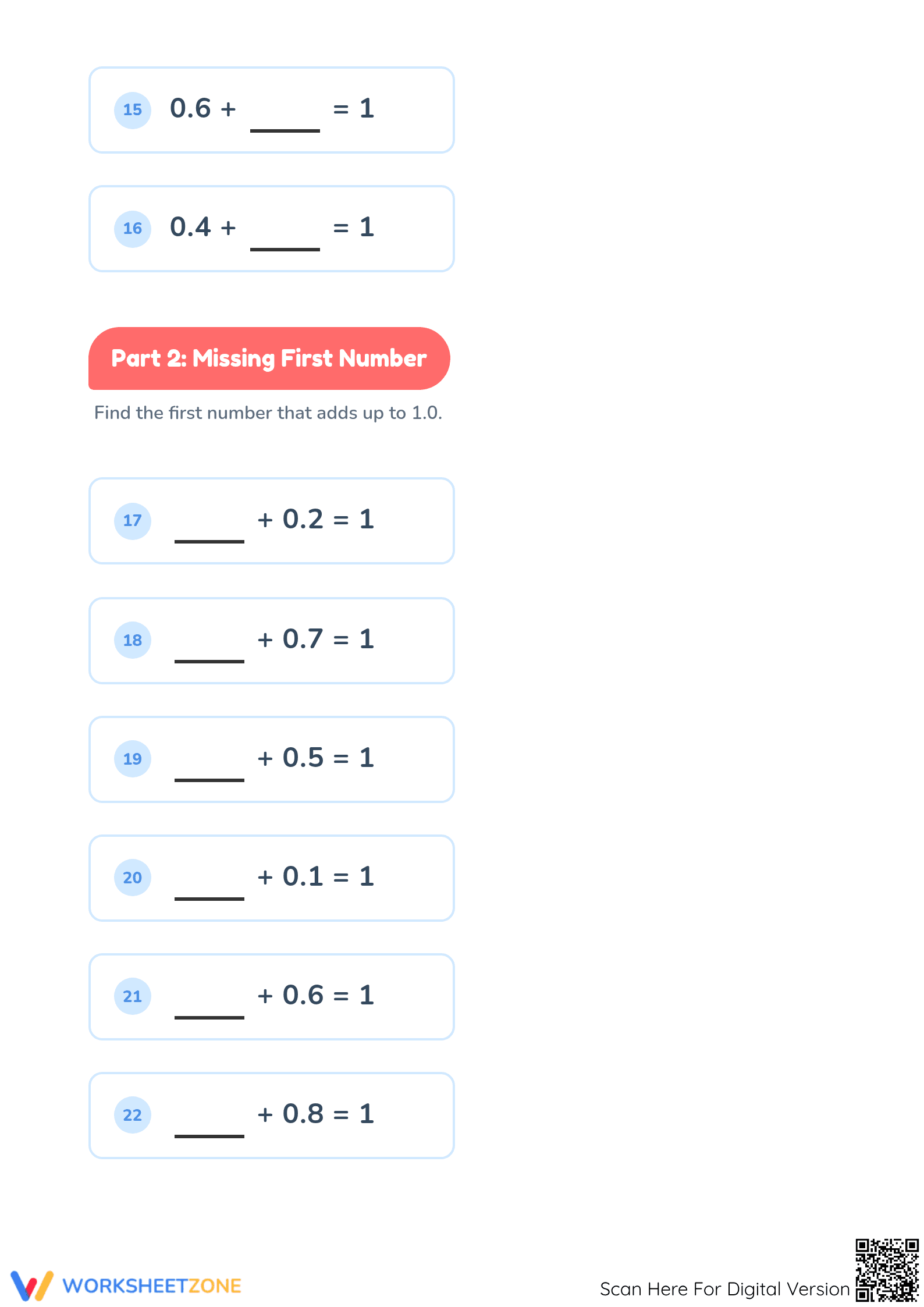 Printable Adding Up to One Worksheet | Grade 1-2 Math - Page 3