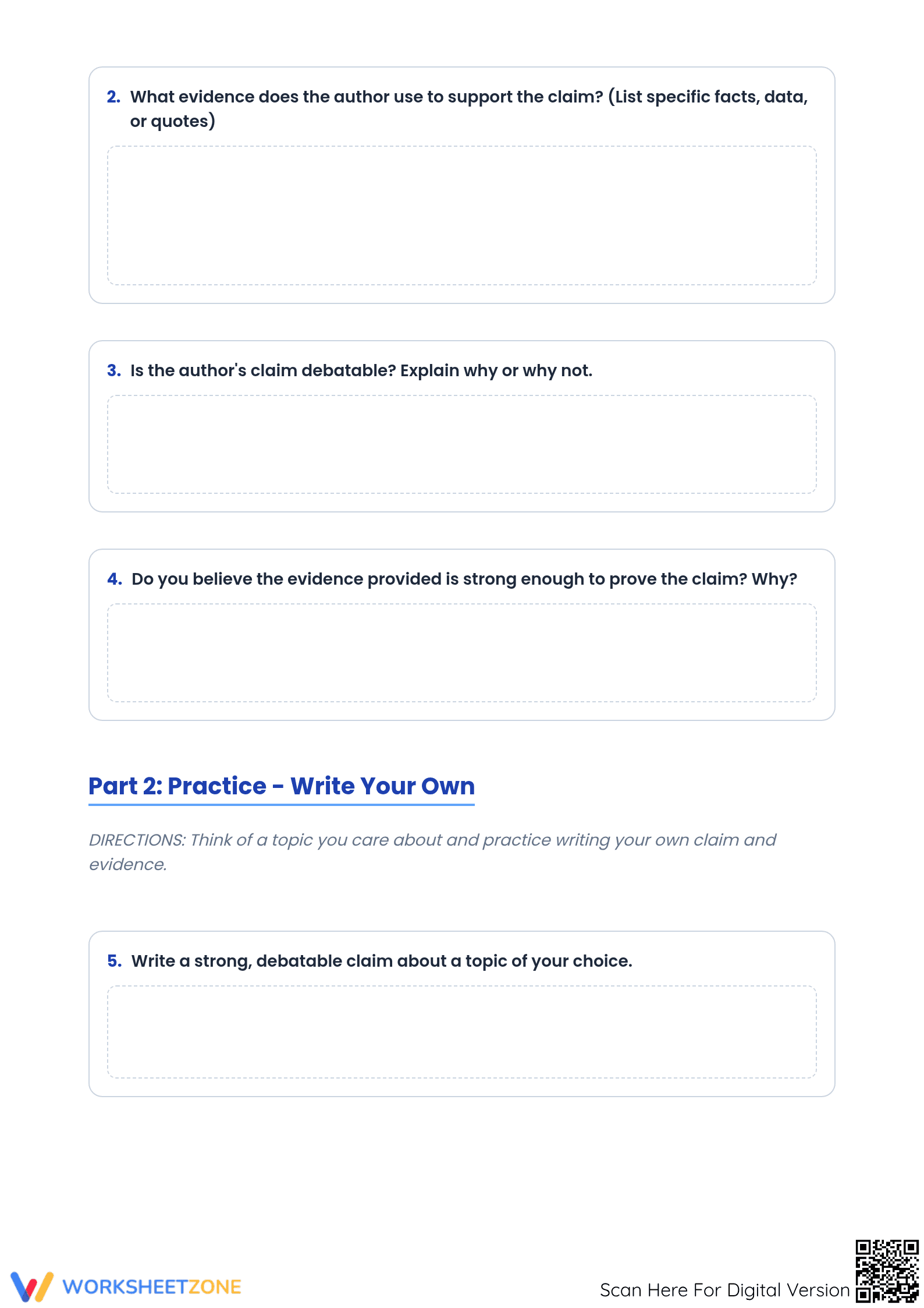 Essential Claim and Evidence Worksheet | Grade 5 Printable - Page 2