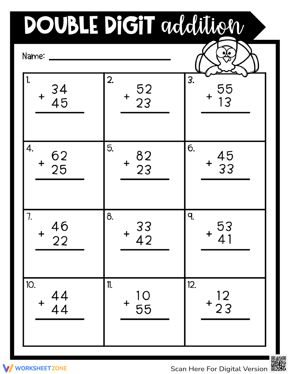 Thanksgiving Double Digit Addition Worksheet - Page 2