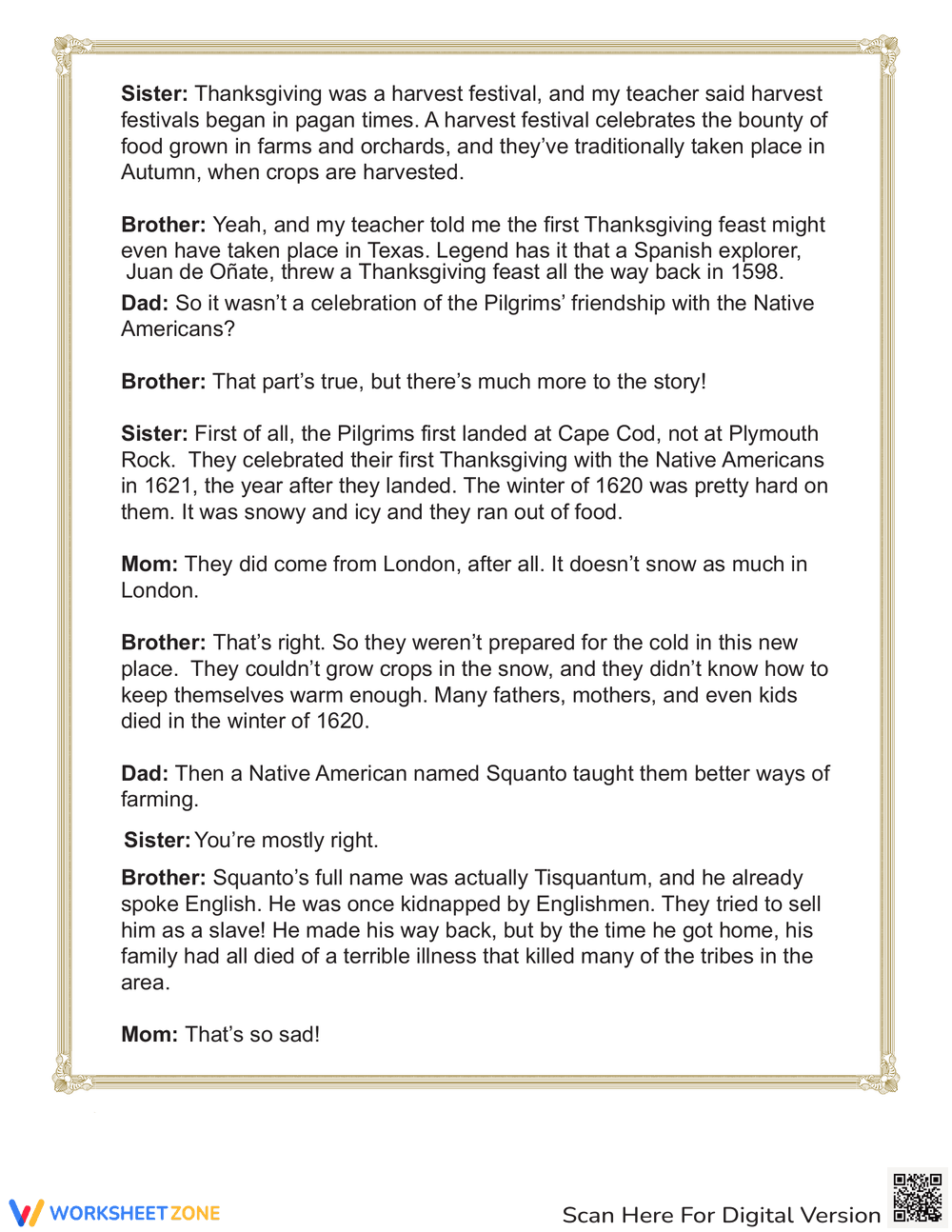 The First Thanksgiving Readers Theater Worksheet - Page 3