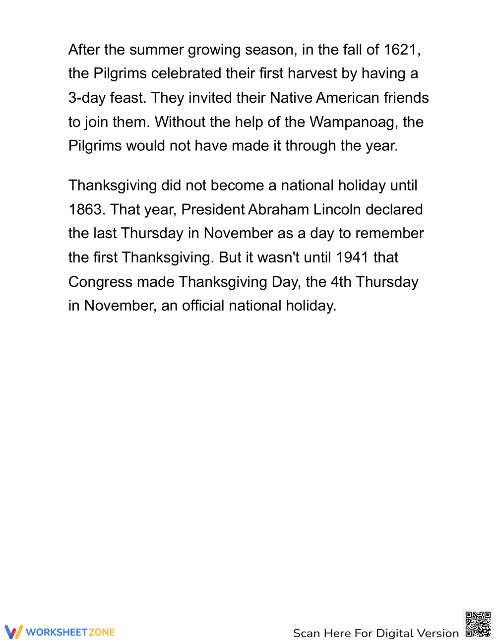 The First Thanksgiving: An Informative Reading Passage - Page 2