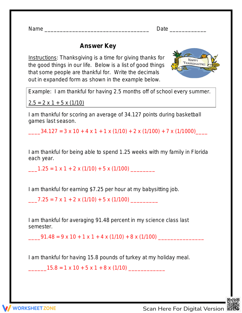 Thanksgiving Decimals: Expanded Form Practice - Page 2