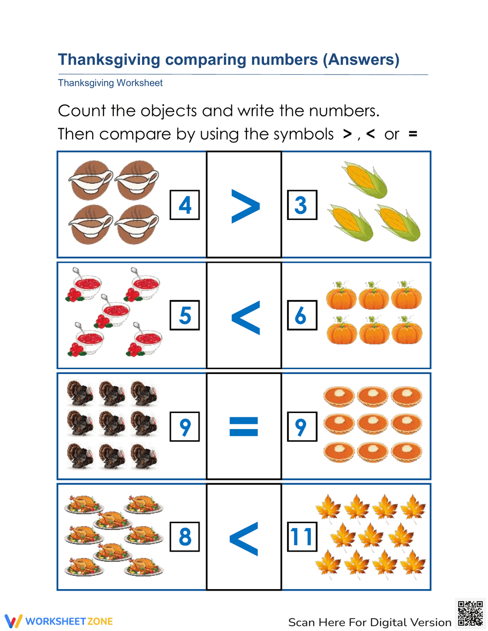 Printable Thanksgiving Comparing Numbers | Grade K-1 Math - Page 2