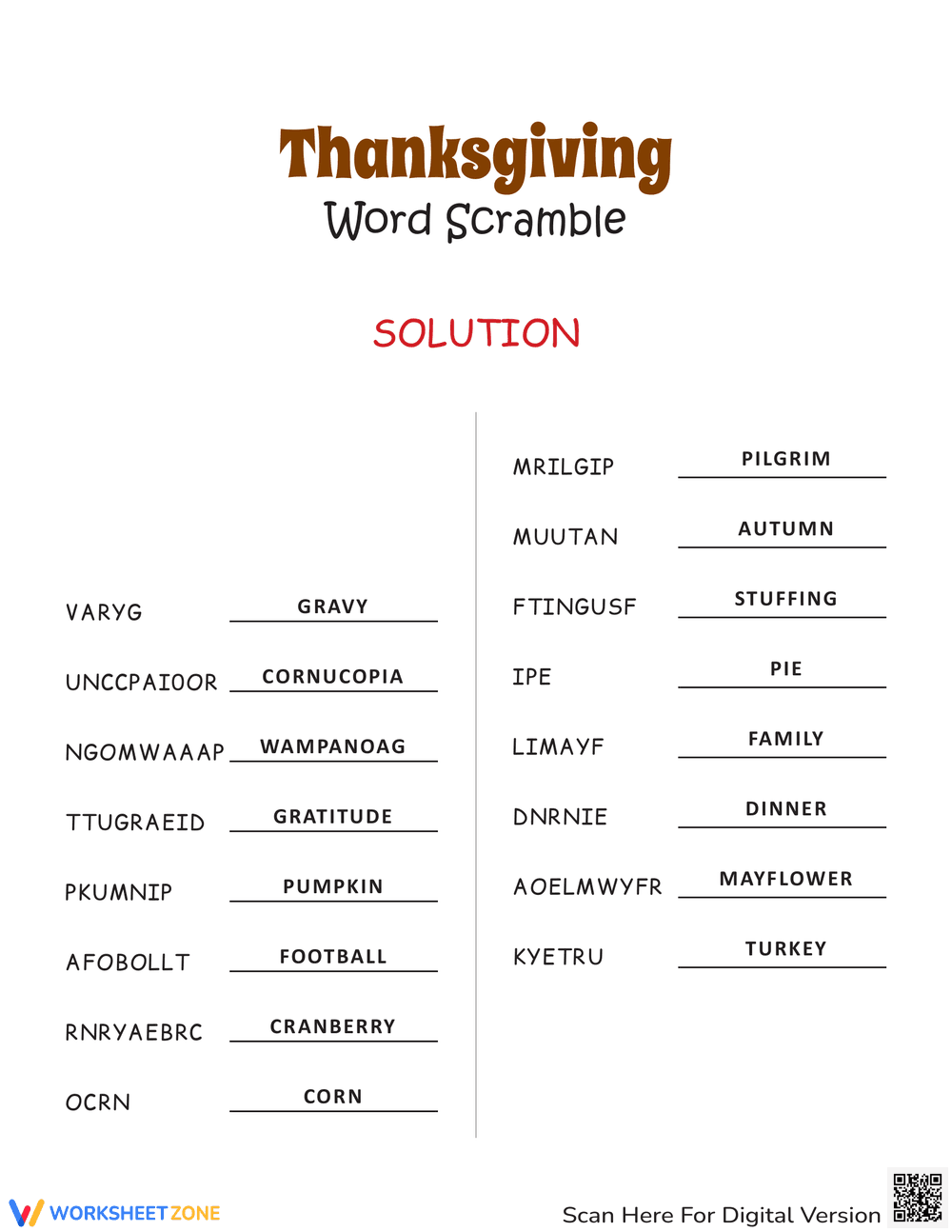 Thanksgiving Word Scramble Puzzle Worksheet - Page 2