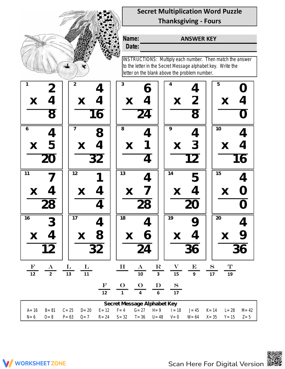 Thanksgiving Multiplication Word Puzzle Fun - Page 2
