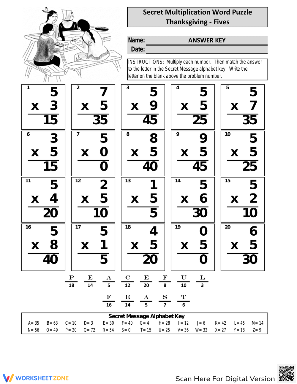 Solve Thanksgiving Multiplication Puzzle with Worksheet - Page 2
