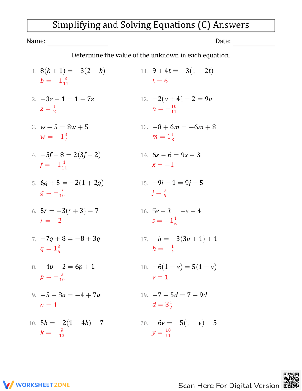 Simplify and Solve Algebraic Equations - Page 2