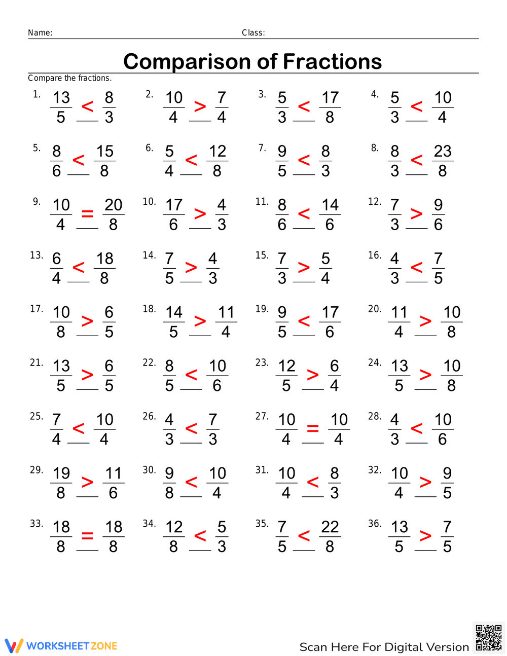 Comparing Improper Fractions Practice - Page 2