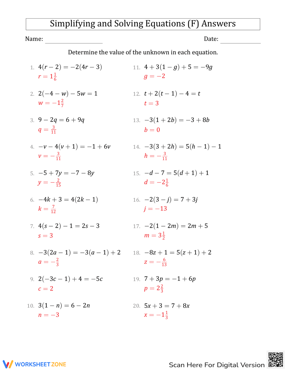 Simplifying and Solving Equations Practice - Page 2