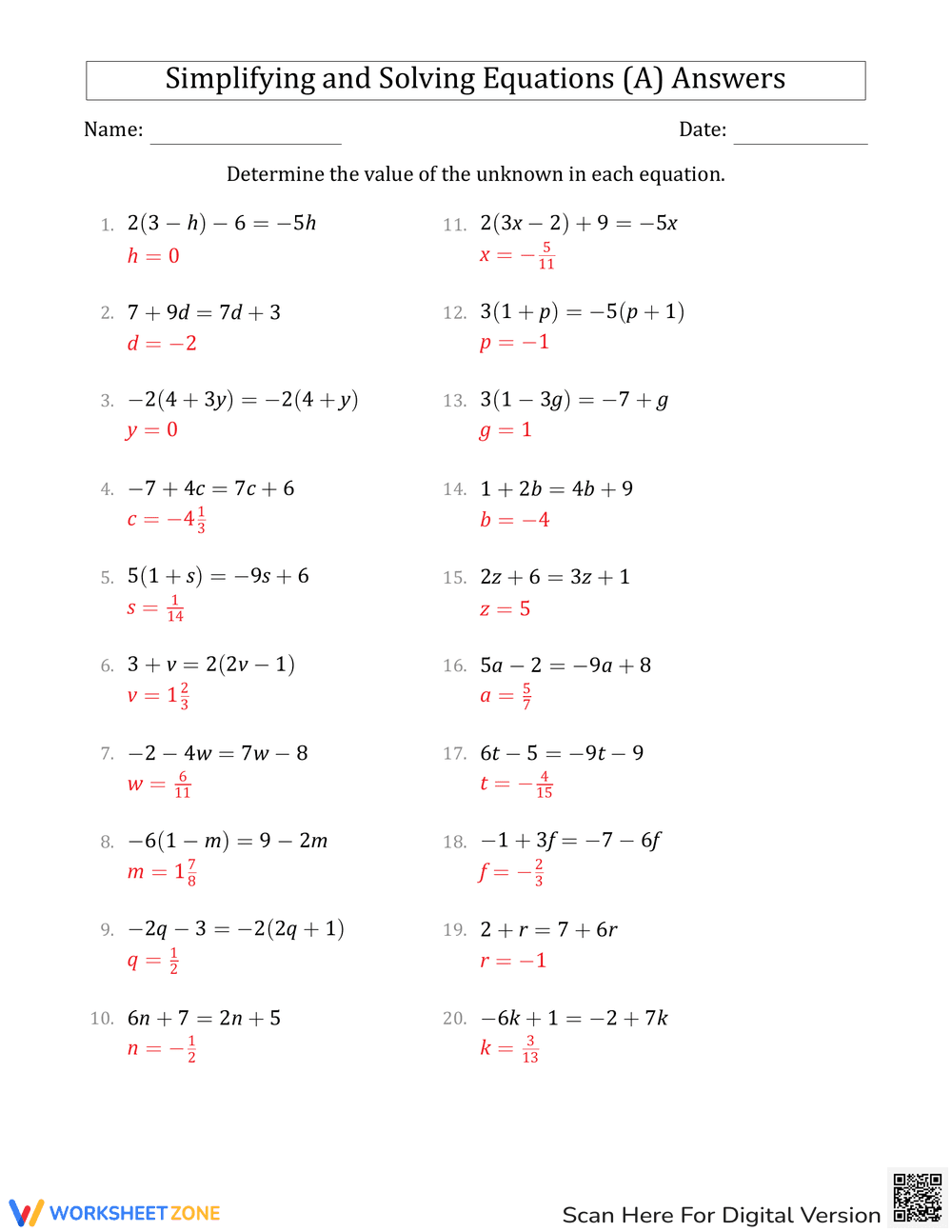 Simplify and Solve Equations Practice - Page 2