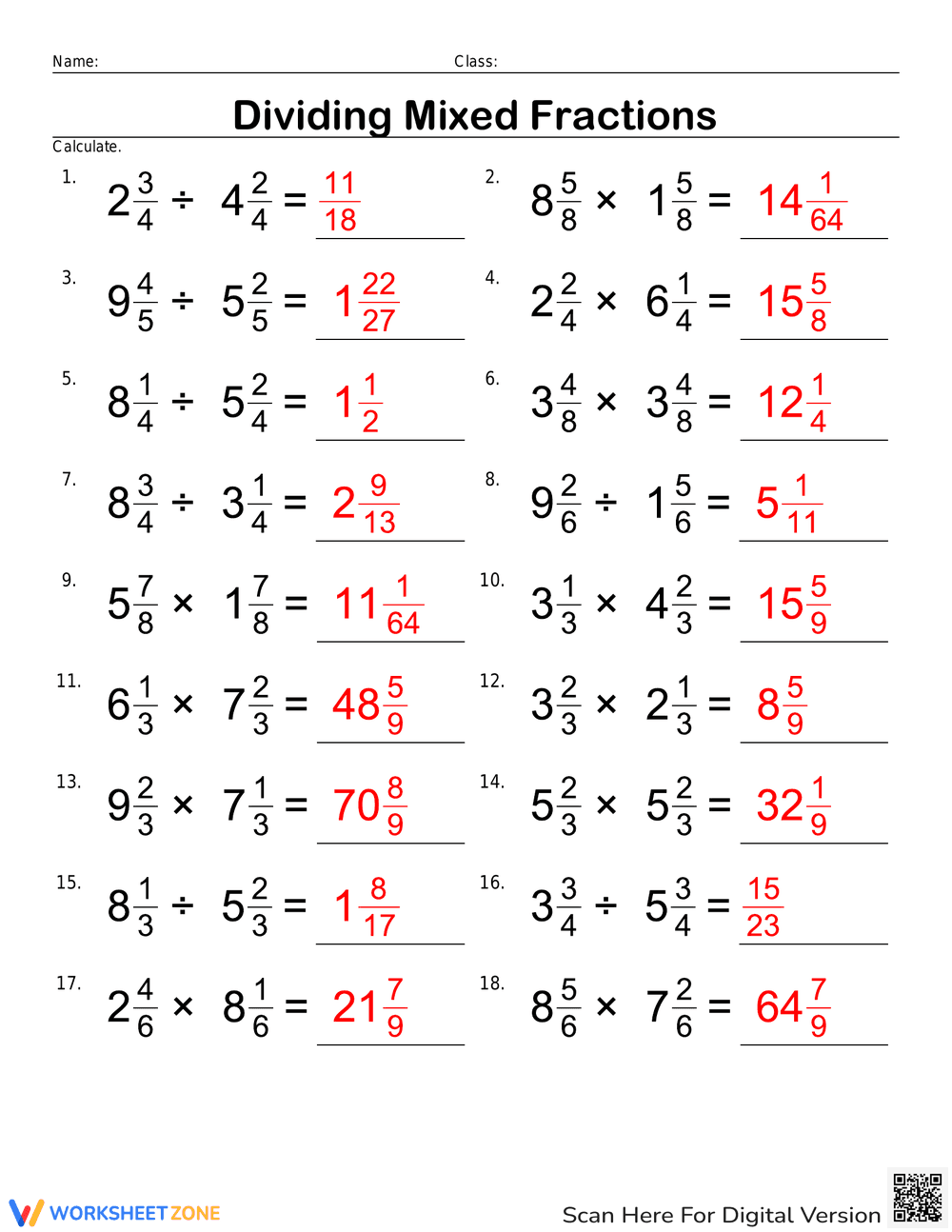 Division of Mixed Fractions Practice - Page 2