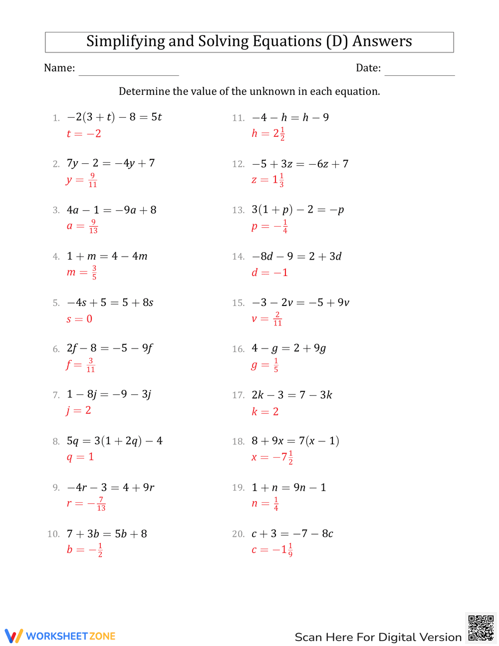 Worksheet for Simplifying Equations - Page 2