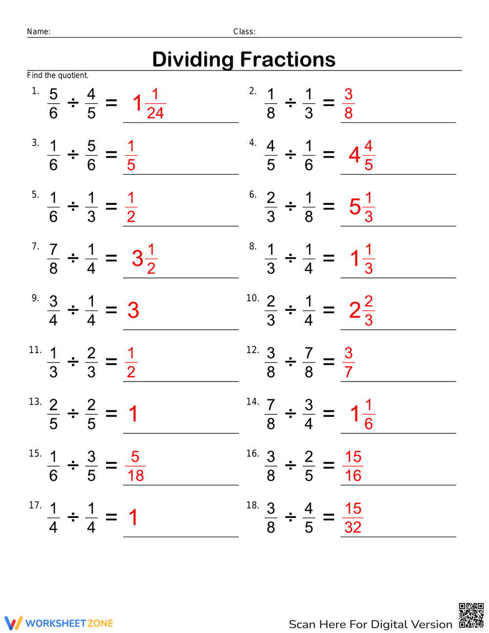 Worksheet for Dividing Fractions Practice - Page 2