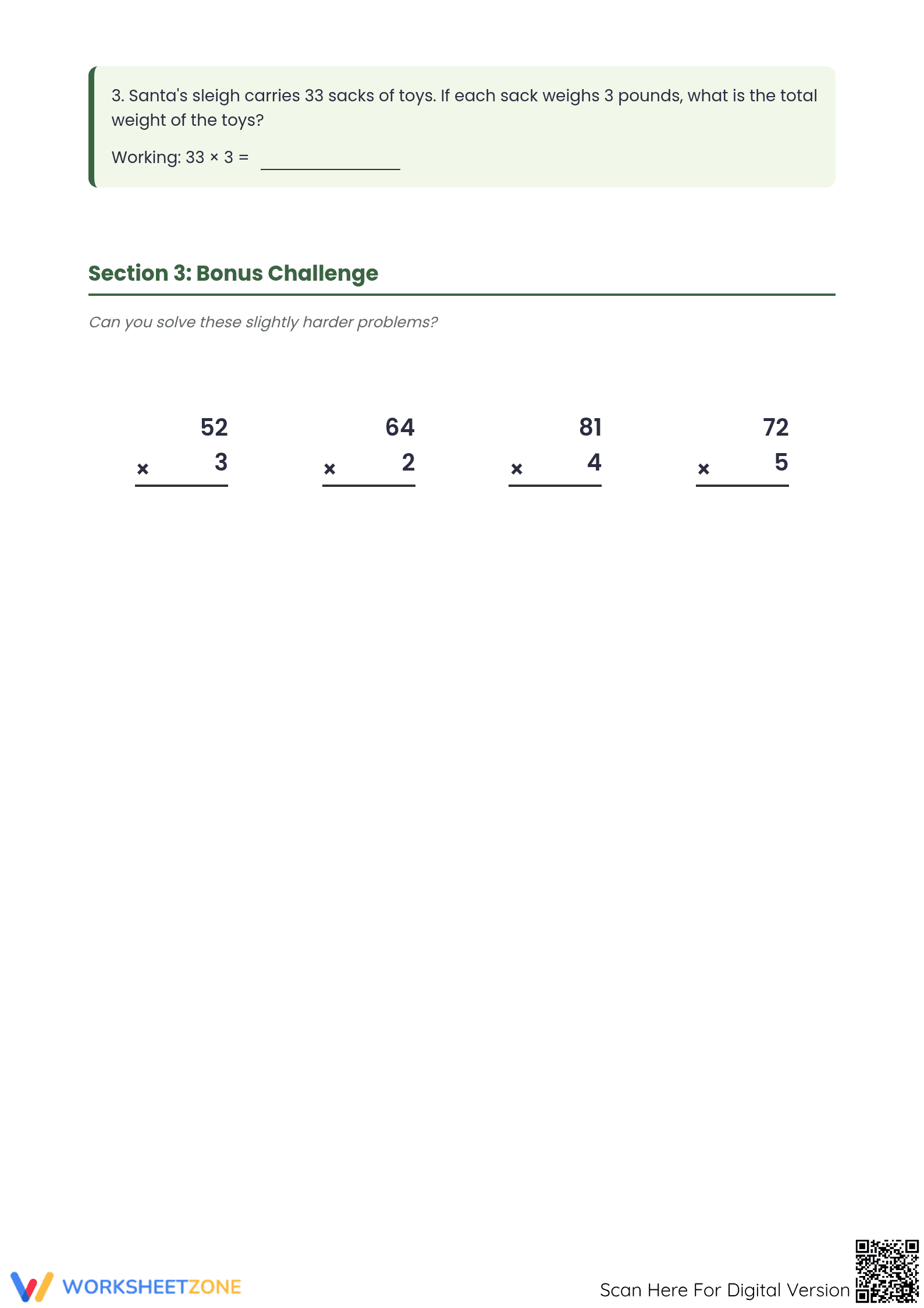 Printable Santa's Multiplication Challenge: Grade 4 Math - Page 3