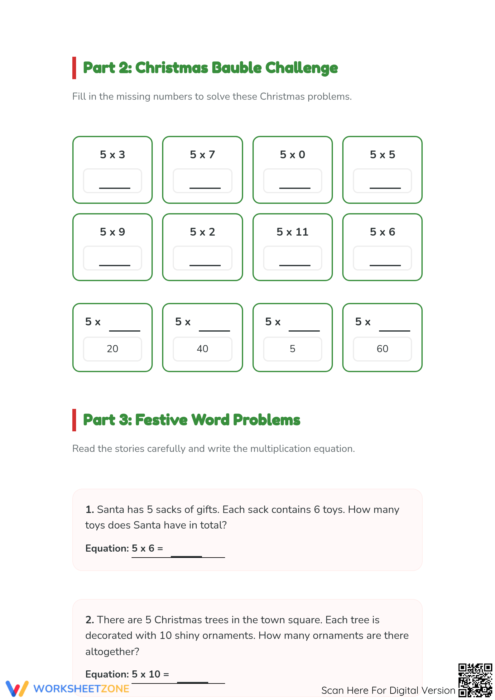 Christmas 5x Multiplication Worksheet | Grade 3 Essential - Page 3