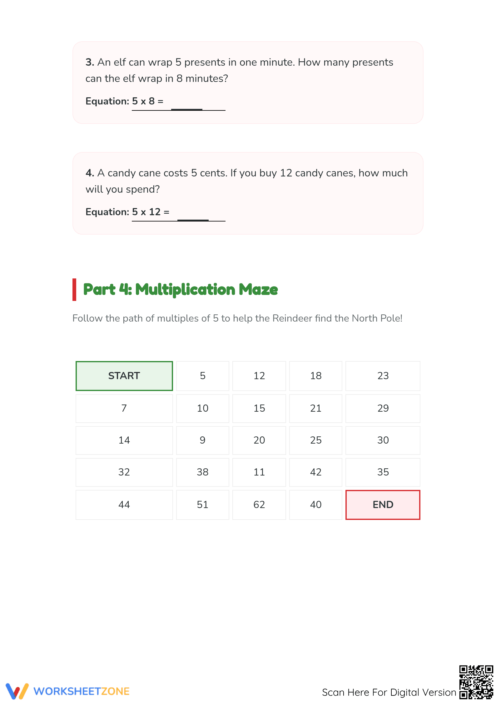 Christmas 5x Multiplication Worksheet | Grade 3 Essential - Page 4