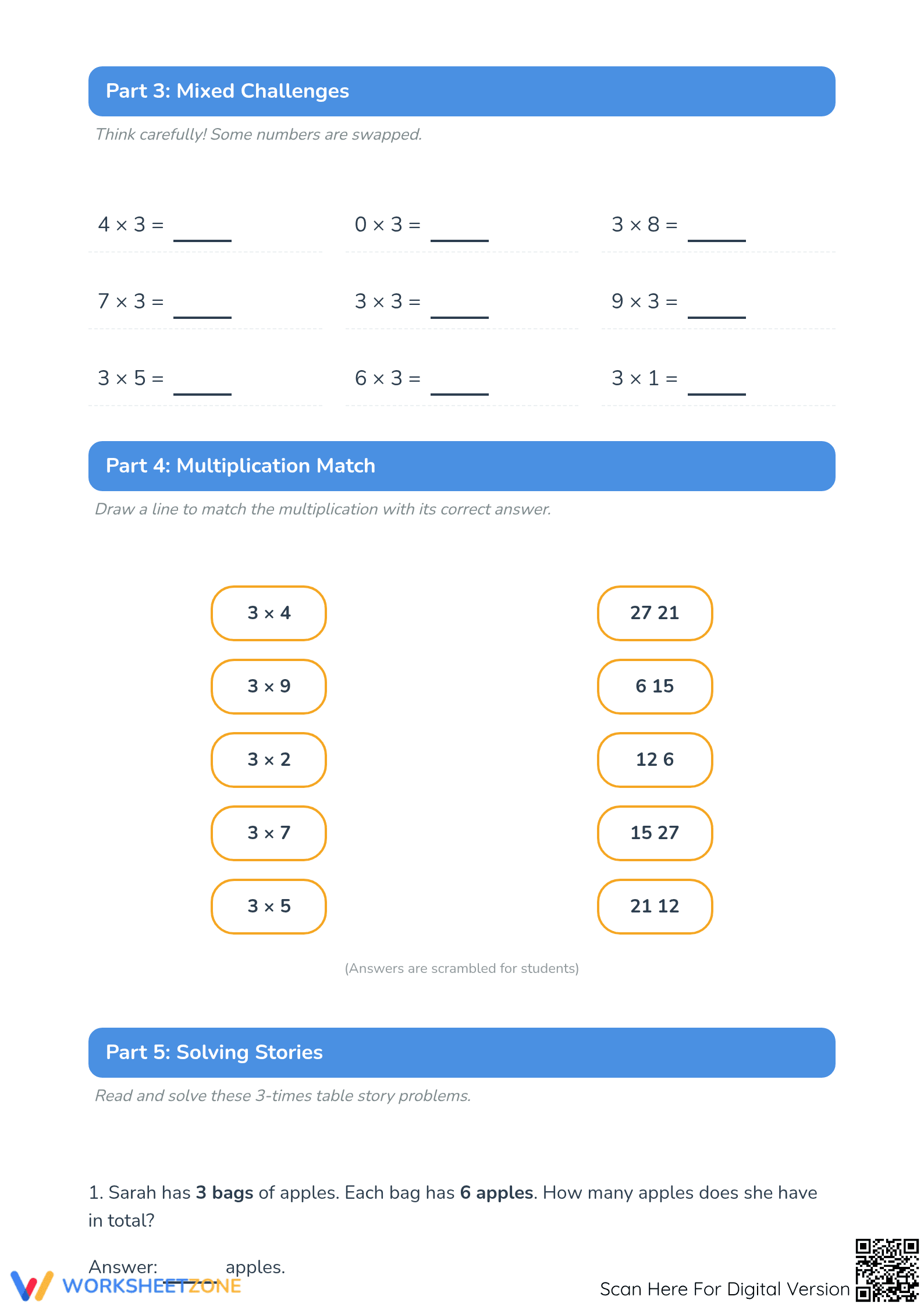 Complete Three Times Table Worksheet - Grade 3 Printable - Page 2