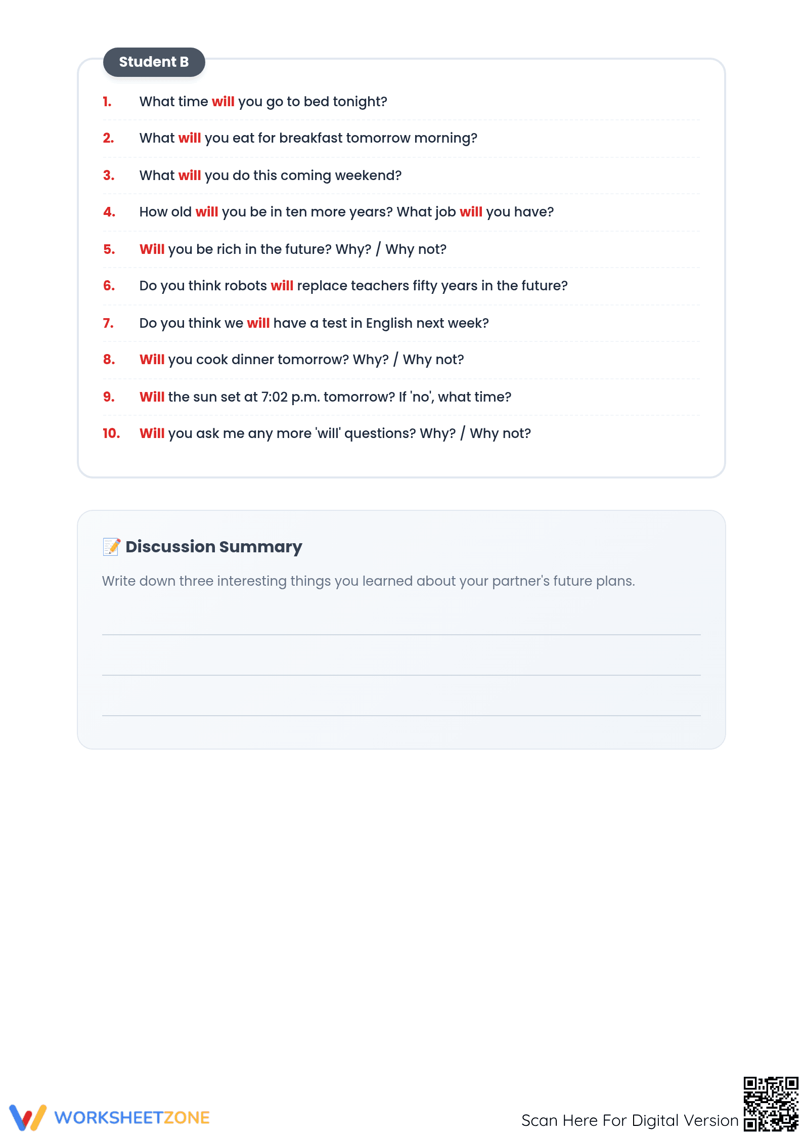 Future with Will Discussion | Grade 5-8 Printable Worksheet - Page 2