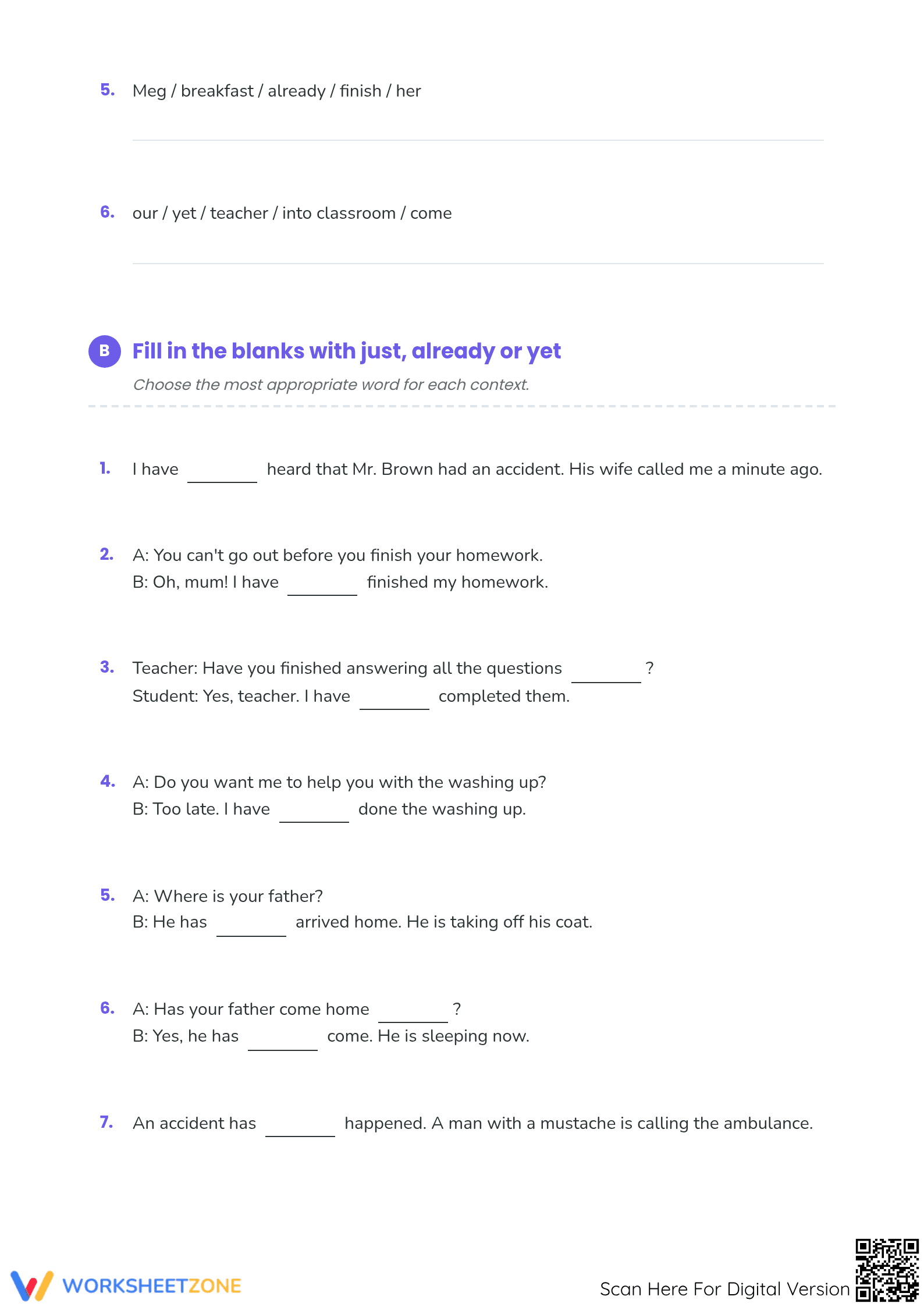 Present Perfect Adverbs: Just Already Yet (Printable) - Page 2