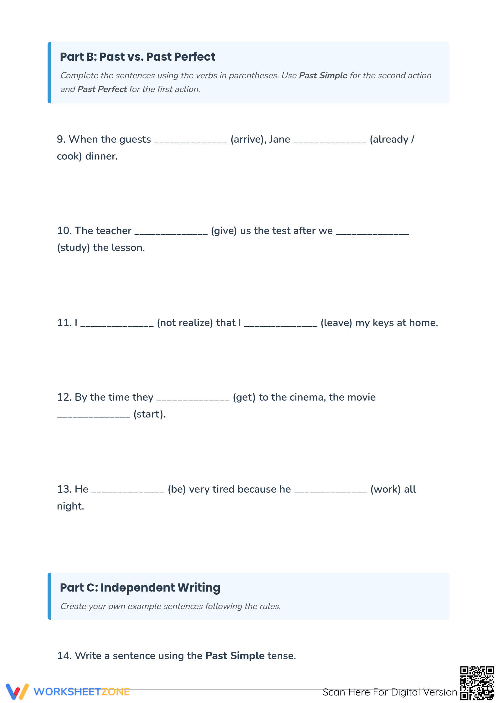 Printable Past Perfect Tense Worksheet | Grade 5-8 Grammar - Page 3