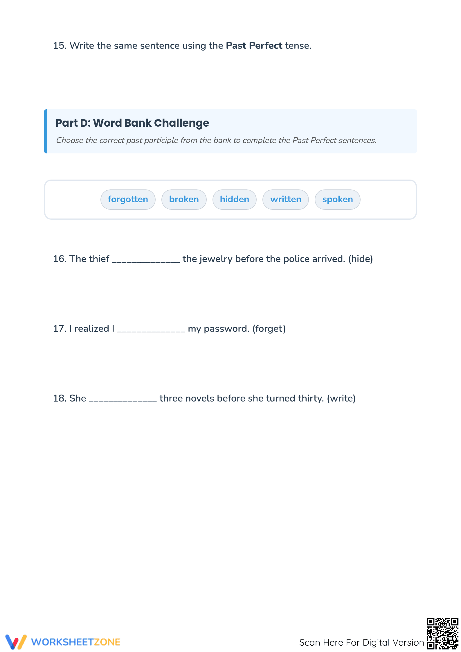 Printable Past Perfect Tense Worksheet | Grade 5-8 Grammar - Page 4