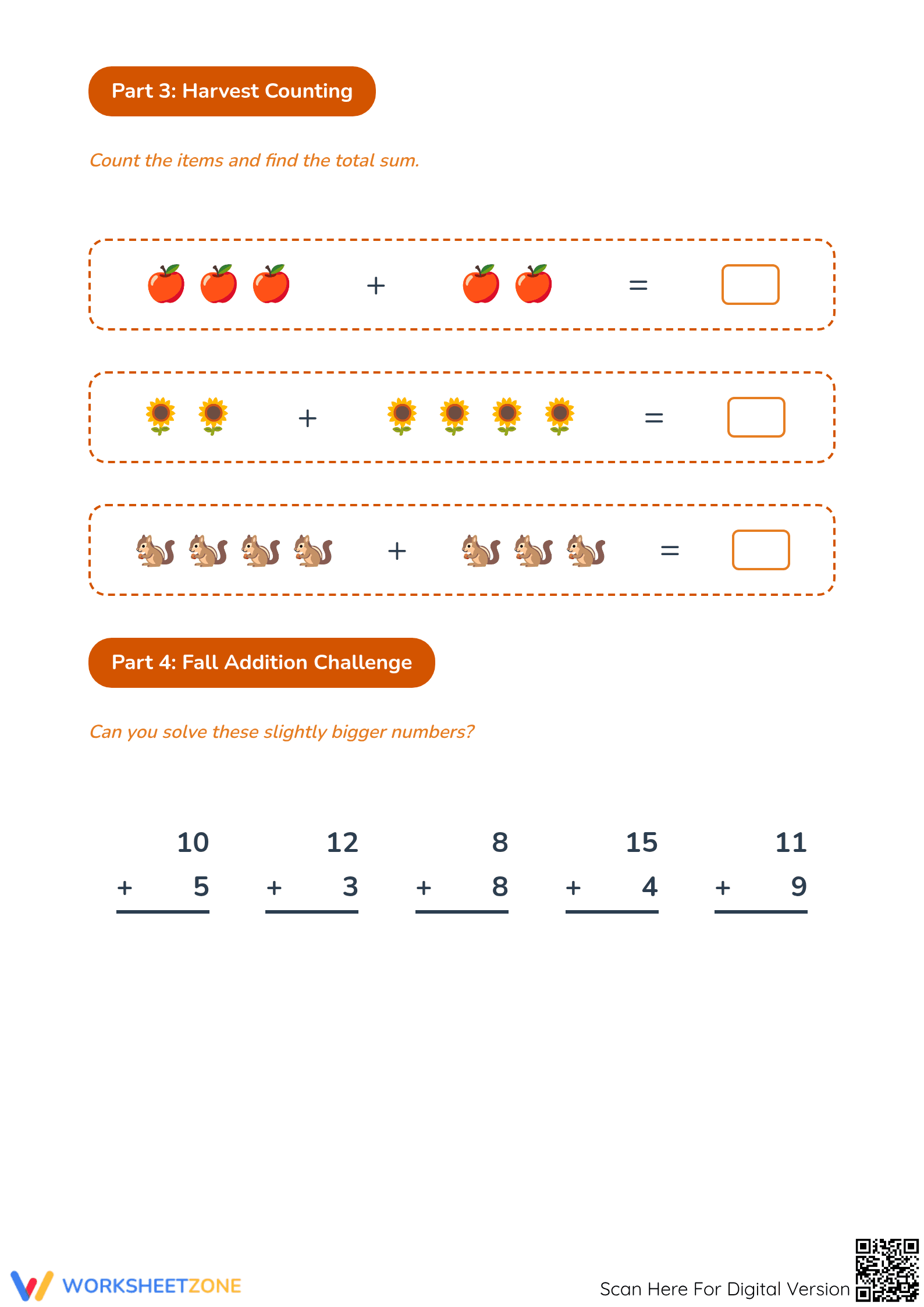 Grade 1 Fall Addition — Printable No-Prep Math Worksheet - Page 3