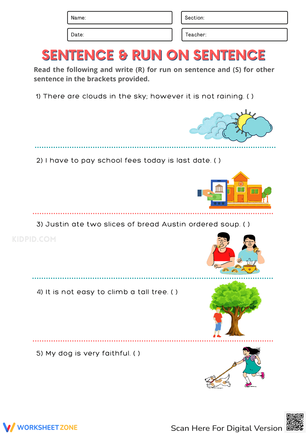 Run-On Sentence Practice Worksheet for Grammar Skills - Page 2