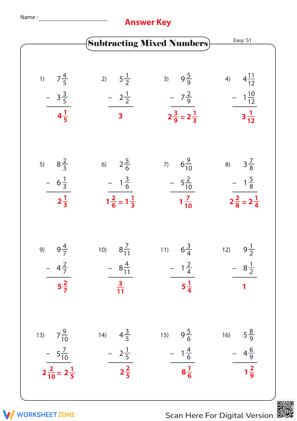 Subtracting Mixed Numbers With Like Denominators - Page 2