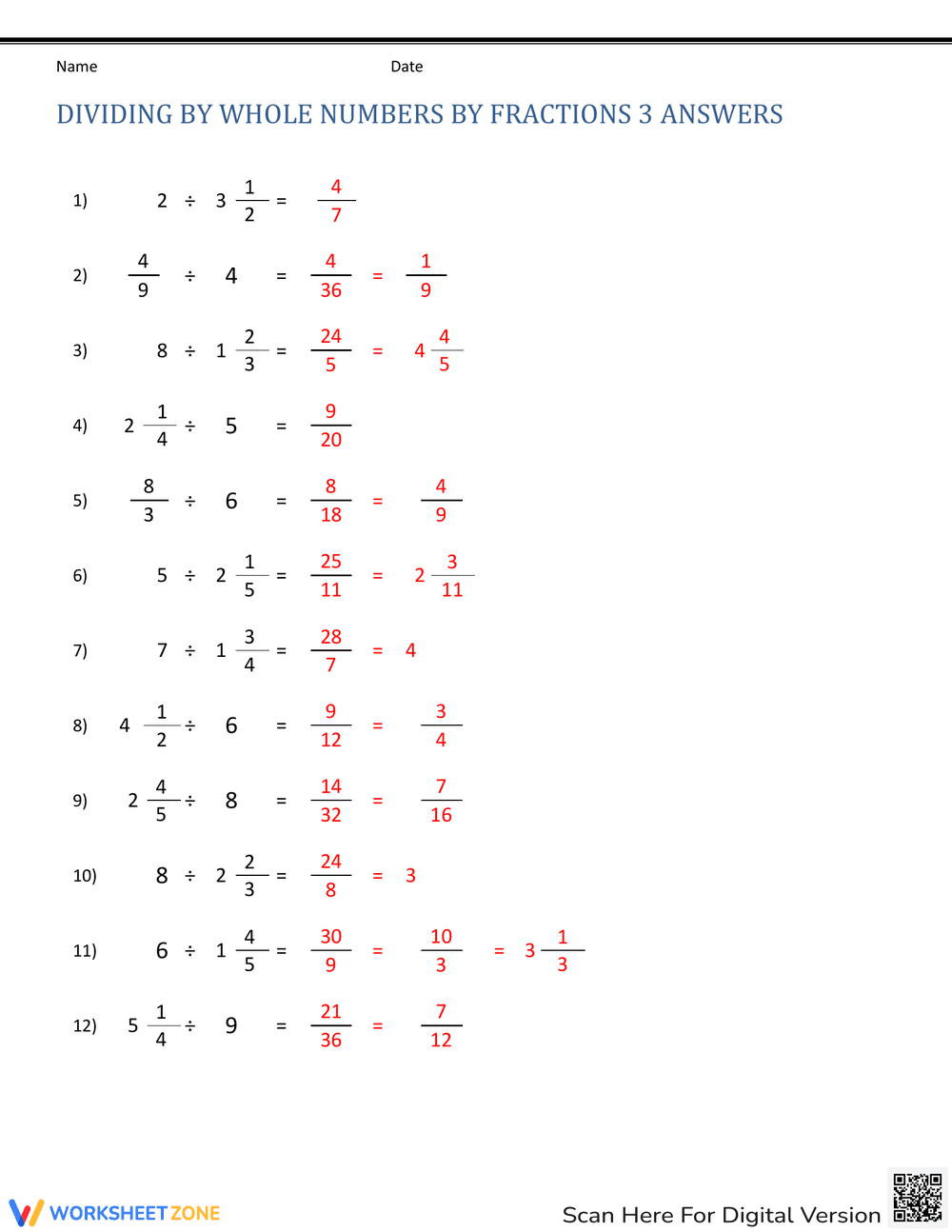 Worksheet on Dividing by Whole Numbers and Fractions - Page 2